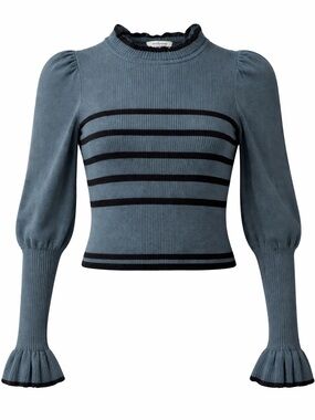 Striped Puff-Sleeve Long Sleeve Knit Top in Slate Blue